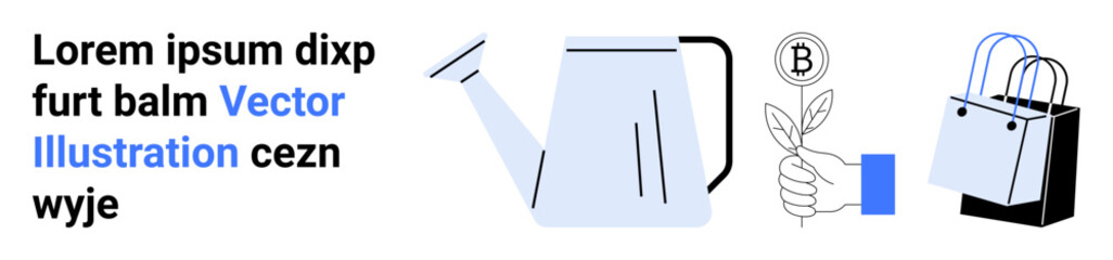 Watering can, hand holding a growing plant with a sustainability mark, and eco-friendly shopping bags. Ideal for sustainability, gardening, eco-living, green shopping, lifestyle, eco-commerce flat