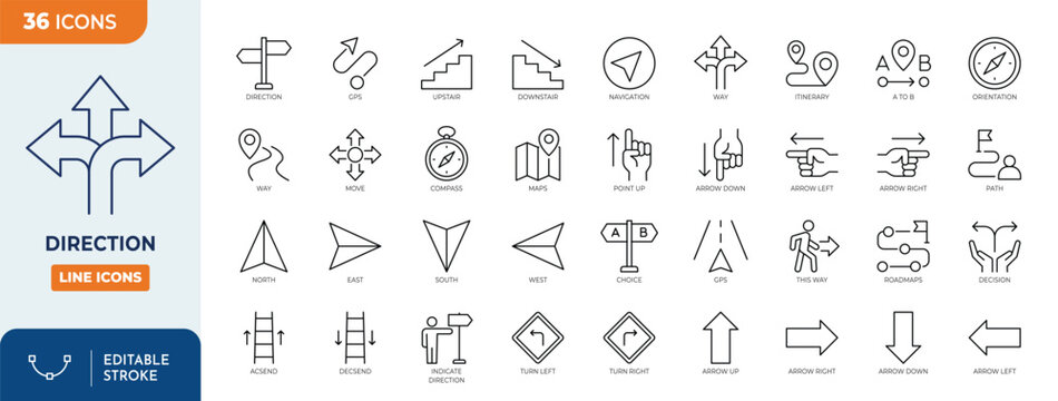 Direction icon set. Containing Guidance, route, itinerary, compass, arrow symbol, path, way, pointing direction, map, and more. Outline Icon Collection. Vector illustration. Editable stroke	
