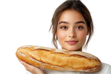 Young woman holding a crusty baguette fresh from the bakery dark background golden tones