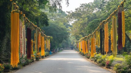 Scenic Pathway Decorated with Colorful Floral Decorations in a Lush Garden Setting