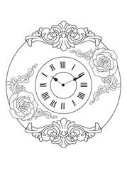 Black and white vintage clock illustration for coloring books. Retro timepiece drawing, ideal for adult coloring pages and printable creative activities.