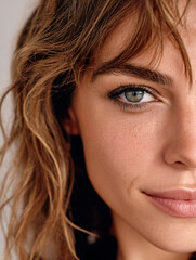 Confident Young Woman with Windswept Wavy Hair and Blue Eyes – Stylish Half-Portrait with Soft Light and Natural Expression