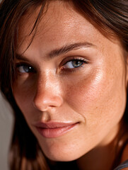Confident Brunette Woman in Natural Light – Clean Beauty Close-Up