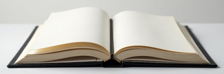 Vertical open book with black leather binding, multiple blank pages, clean and simple design, leather cover, minimalistic book, empty spaces