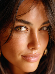 Golden-Hued Beauty with Confident Gaze and Flowing Brunette Hair – Luxurious Close-Up Portrait