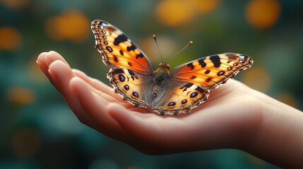 Obraz premium Butterfly on Childs Hand with Nature, and Spring. (1)