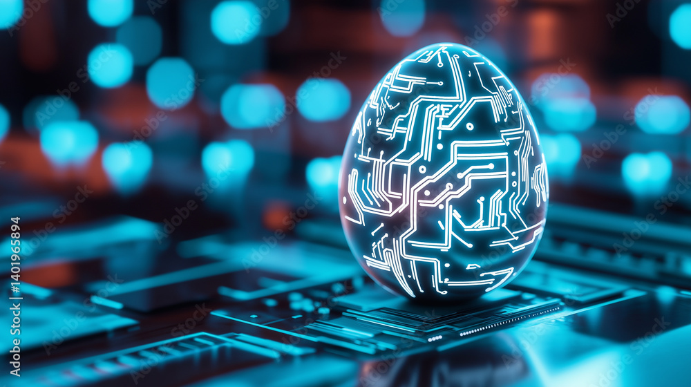 Poster a glowing egg with a digital circuit pattern rests on a futuristic electronic surface surrounded by 