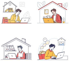 Flat Illustration of People Working on Laptops in Remote and Home Office Settings.