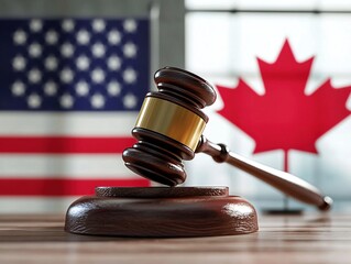 A court gavel with the Canadian and American flags in the background, symbolizing the trade dispute between Canada and the United States.