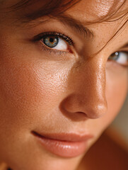 Warm-Toned Close-Up of Freckled Woman with Light Blue Eyes – Soft Lighting and Intimate Expression