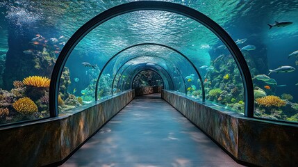 Fototapeta premium Underwater tunnel, vibrant marine life. Large aquarium passageway, showcasing diverse coral reefs and fish