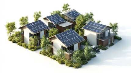 A modern community of energy efficient solar powered residential homes surrounded by lush greenery and sustainable design showcasing the future of eco friendly and climate conscious urban living