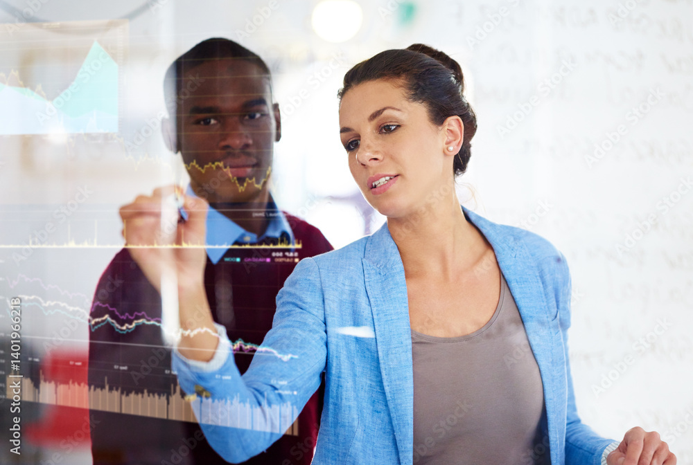Aufkleber technology, glass wall and business people in office for plan with stock exchange data, graphs and s