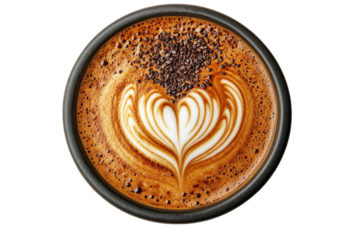 Indulge in a heart shaped latte art coffee dark roasted espresso with cocoa creamy foam dark