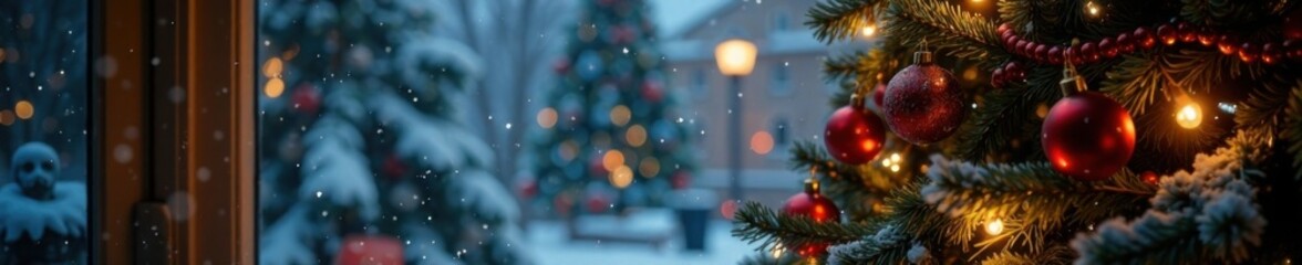 Christmas tree lights with ornaments and garland against a snowy window background , garland, snow window, christmas tree lights