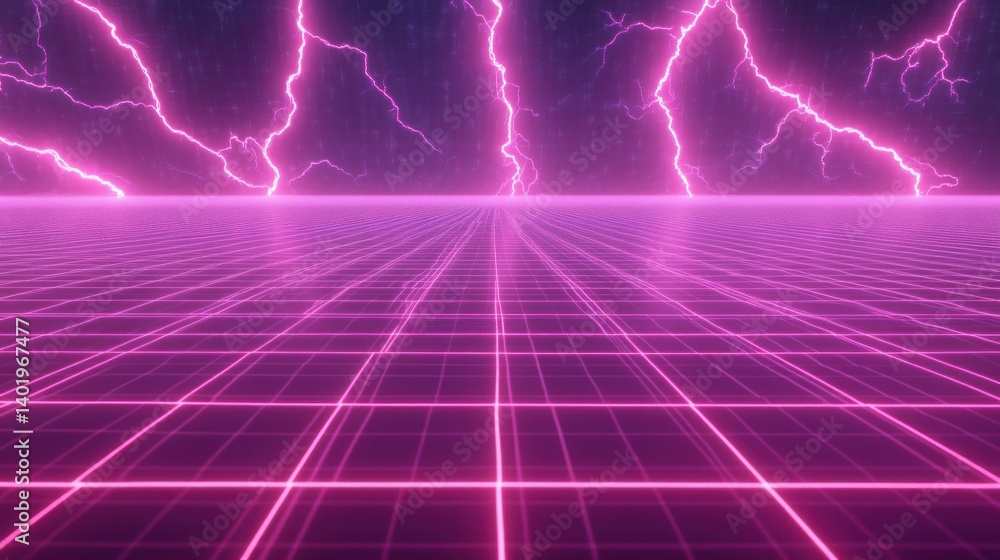 Poster retro futuristic grid path under lightning storm