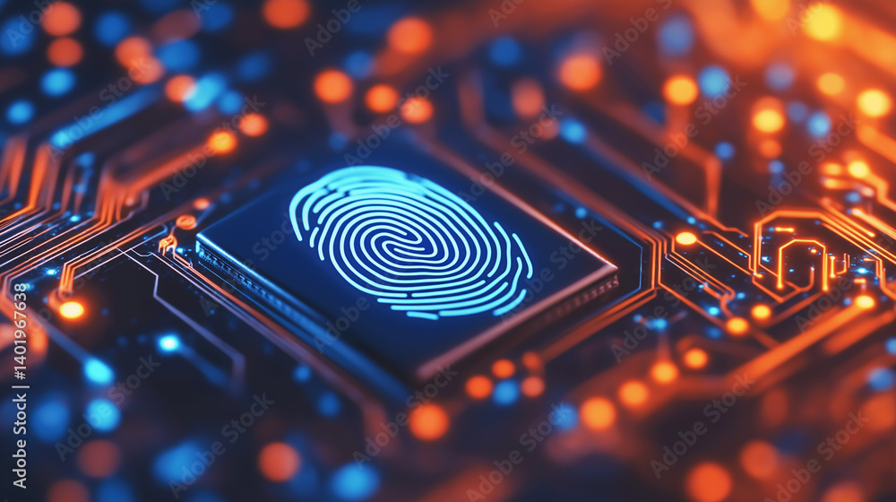Poster a glowing blue fingerprint icon is displayed on a microchip, symbolizing digital security and biomet