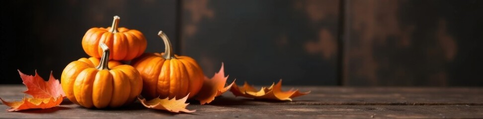 Stack of pumpkins and dried fall leaves against a dark wooden table, rustic decor, dark wood, farmhouse style