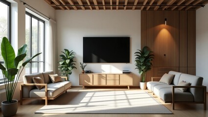 Fototapeta premium Modern living room featuring a comfortable sofa and a television creating a relaxed space for leisure activities and enjoyable evenings with family and friends in scandinavian style