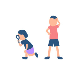虫眼鏡で観察する女の子と男の子のイラスト