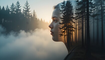 ภาพถ่ายซ้อนภาพของหญิงสาวผู้สงบนิ่งผสานกับป่าสนที่มีหมอกปกคลุมยามพระอาทิตย์ขึ้น