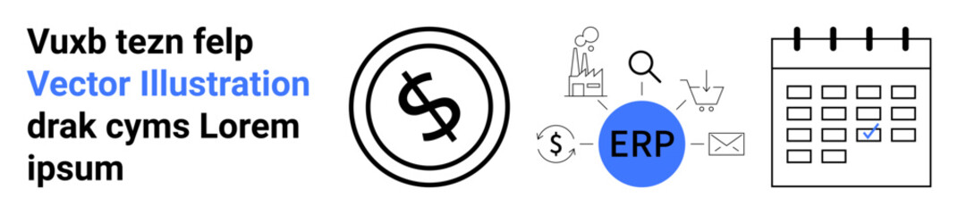 Circular financial icon, ERP text in blue circle, calendar, and related icons of commerce, emails, and data analytics. Ideal for business planning, productivity, workflows decision making