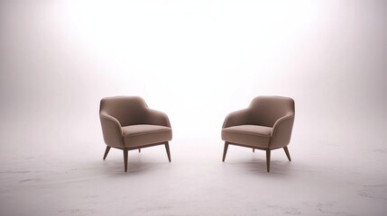 Minimalist Design of Two Soft Beige Armchairs in Bright Empty Space for Interior Concept