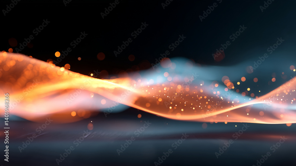 Poster abstract background with flowing light trails orange and blue bokeh particles for graphic design