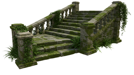 Ancient moss-covered stone staircase surrounded by greenery in an overgrown ruin setting