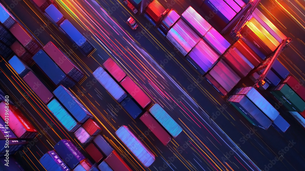 Poster colorful aerial view of a container port at night with motion trails, symbolizing the speed and flow