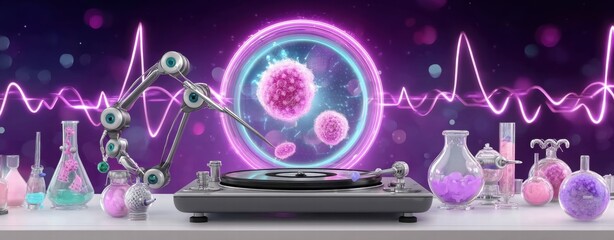 Obraz premium Futuristic Laboratory with DNA, Sound Waves, and Scientific Equipment