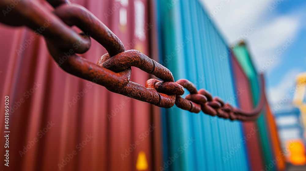 Poster a rusty metal chain blocks a pathway between colorful shipping containers in a cargo area.