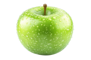 Juicy green apple glistening with dew drops vibrant fresh healthy close up studio shot on black