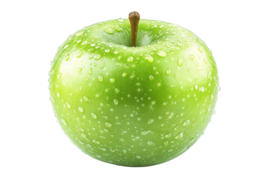 Juicy green apple glistening with dew drops vibrant fresh healthy close up studio shot on black
