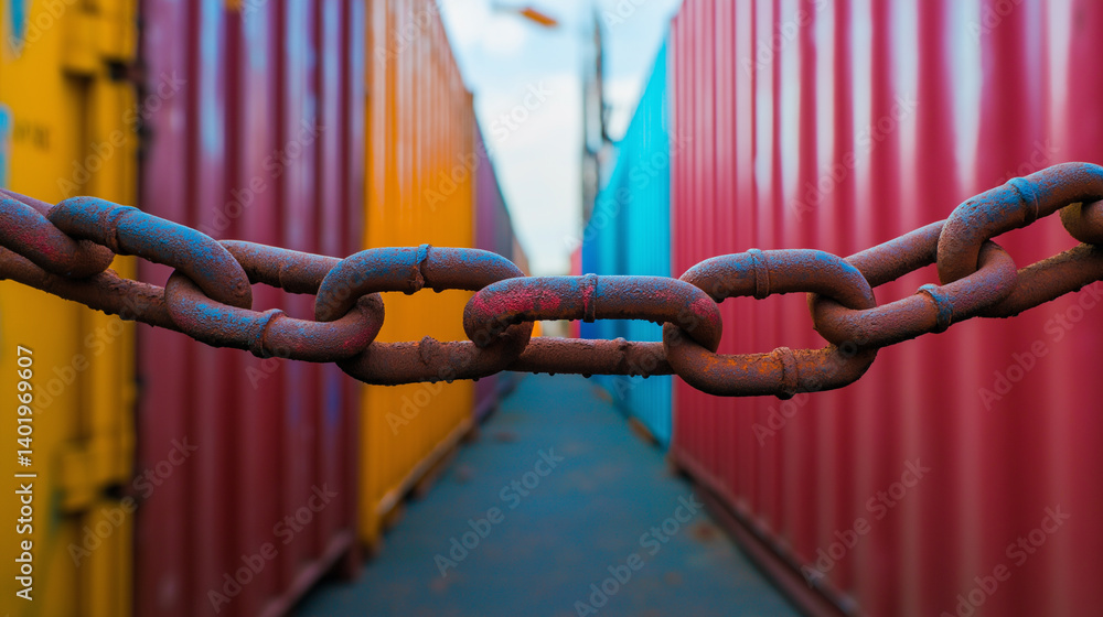 Poster a rusty metal chain blocks a pathway between colorful shipping containers in a cargo area.