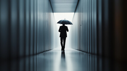 Silhouette of a man holding an umbrella walking through a dark, narrow corridor toward a bright light.
