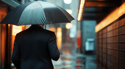 A man in a suit walks down a rainy, dimly lit alley holding an umbrella.
