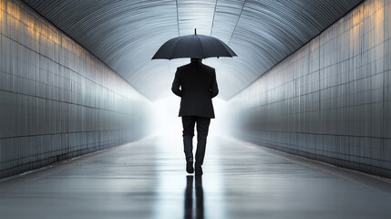 Silhouette of a man holding an umbrella walking through a dark, narrow corridor toward a bright light.
