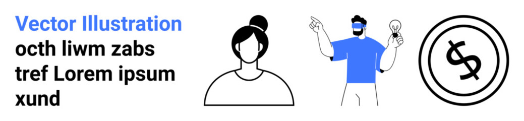 Woman with a top bun, man wearing VR headset holding lightbulb, and a dollar coin. Ideal for leadership, innovation, technology, teamwork, financial growth, creativity abstract line flat metaphor