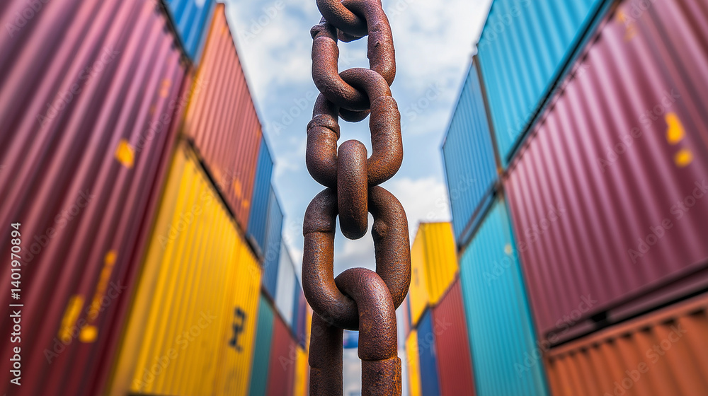 Poster a large rusted metal chain hangs in front of stacked colorful shipping containers, symbolizing stren