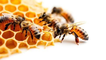 Close-up of bees working on honeycomb, showcasing their natural beauty.