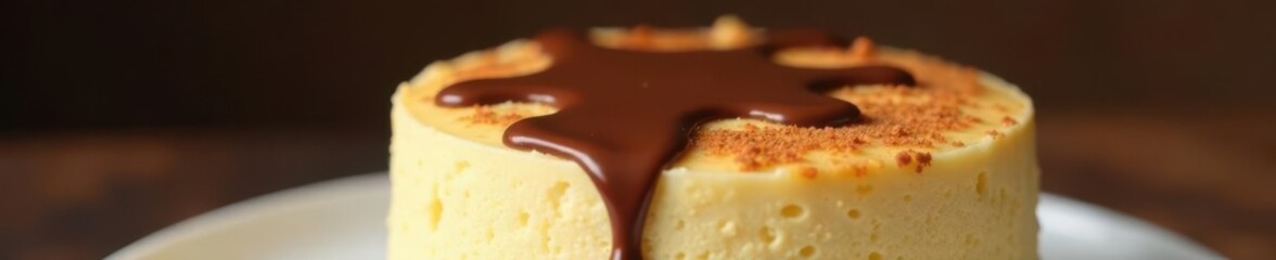 Delicate chocolate drips from the top of a moist vanilla cake, forming a delicate pattern ,  chocolate,  dripping