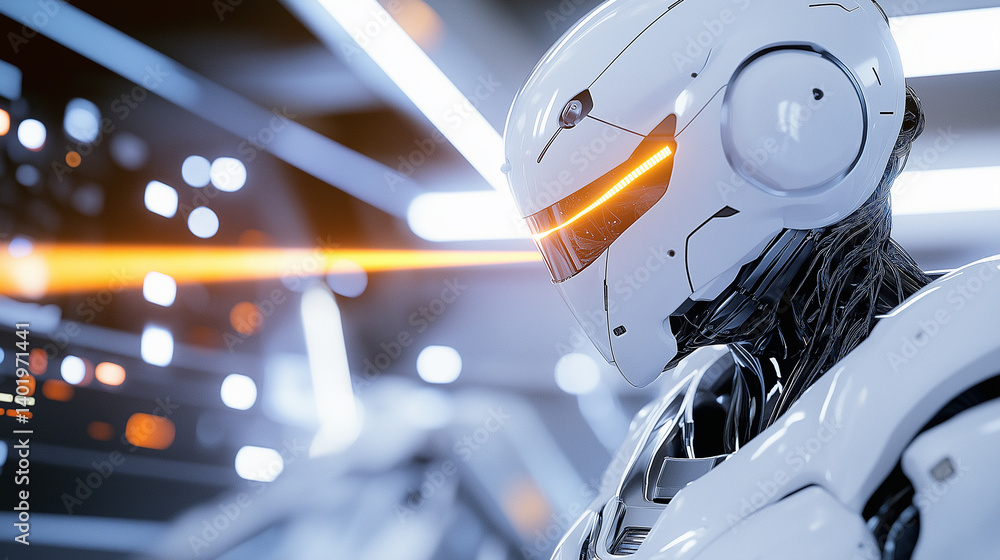 Aufkleber a humanoid robot with glowing red eyes stands in a futuristic data center surrounded by server racks