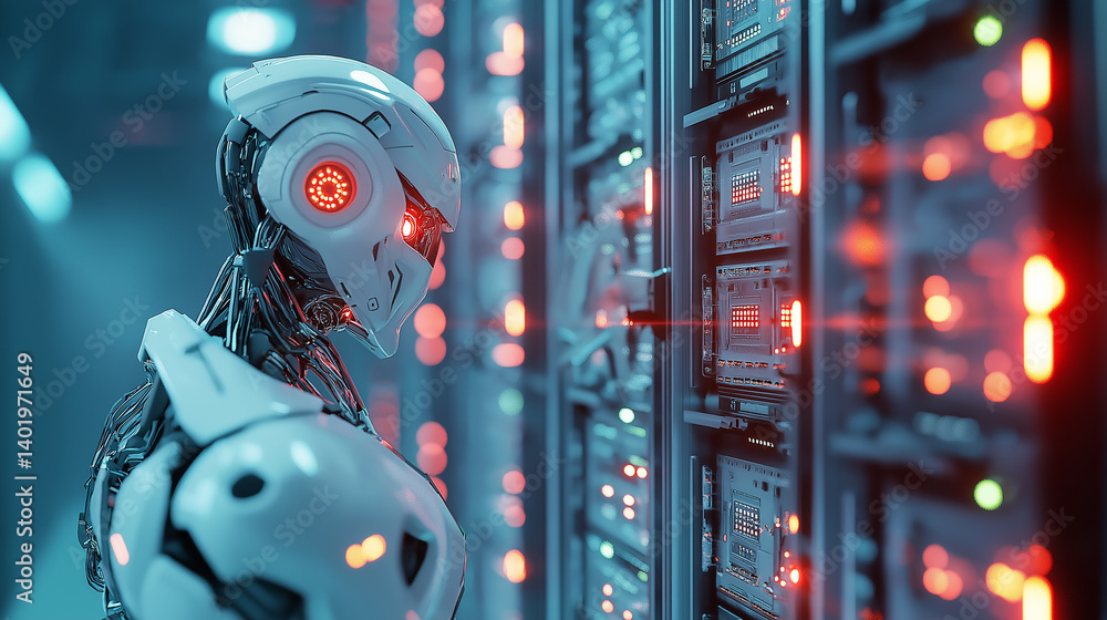 Poster a humanoid robot with glowing red eyes stands in a futuristic data center surrounded by server racks