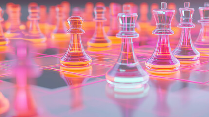 A futuristic digital chessboard with glowing pieces, blending classic strategy with modern technology.
