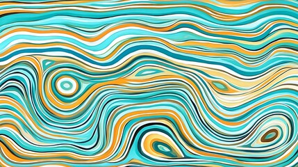 A vibrant abstract design with swirling turquoise, orange, and white lines.