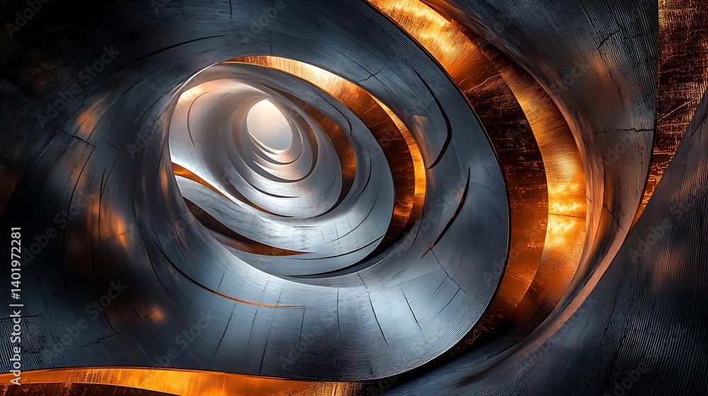Poster abstract architecture spiraling metallic structure with warm lighting for perspective artistic compo