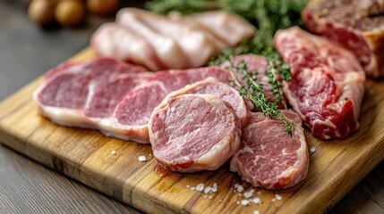 Fototapeta premium Variety of raw meats on a wooden cutting board