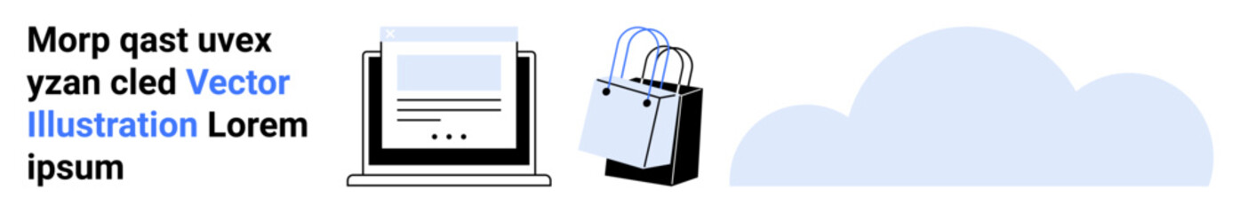 Laptop displaying content, shopping bags, and cloud icon representing online shopping, digital services, and cloud-based solutions. Ideal for retail, e-commerce, technology, cloud storage marketing