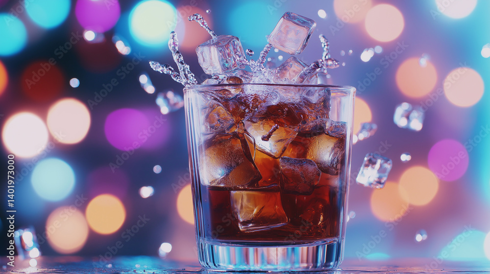 Poster a refreshing red cocktail splashing with ice cubes in a glass against a colorful bokeh background.